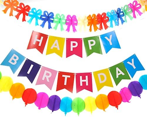 קישוטי קשת ליום הולדת של PowerTrc לילדים יום הולדת | קישוטים למסיבות עם כרזת יום הולדת, פומפומי נייר וזרות נייר | עיצוב יום